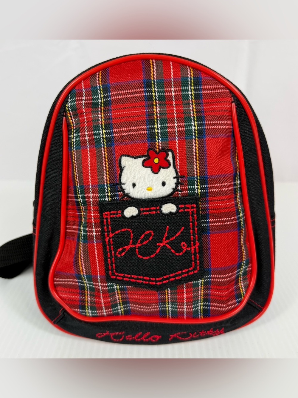 Vtg Hello Kitty Sanrio Red Plaid Small Backpack Purse Zipper Bag Pocket 9” 2001